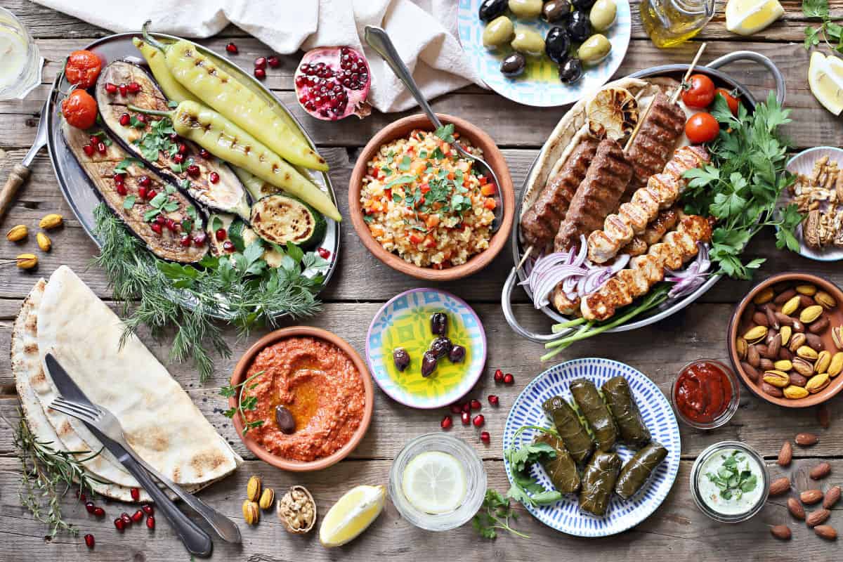 Overhead shot of appetizers at a cookout