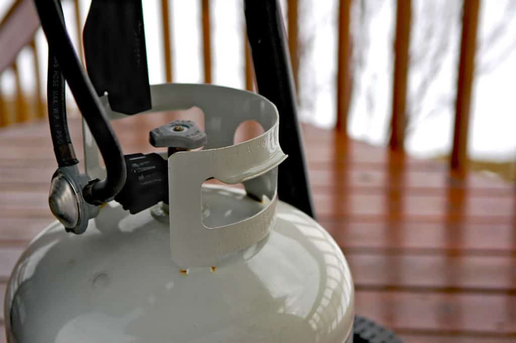 Close up of the top of a barbecue propane gas tank
