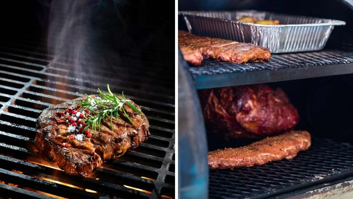 Two photos side by side showing grilling vs bbq