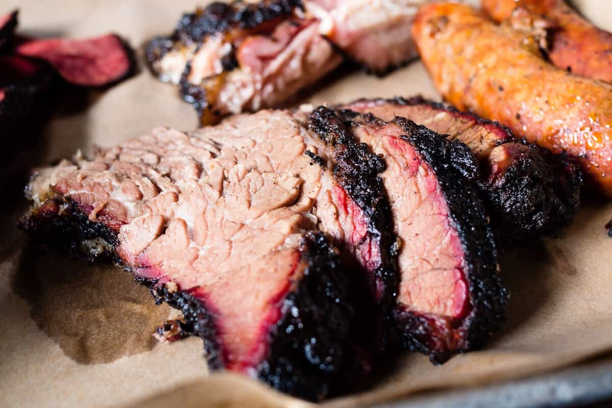 sliced beef brisket with a smoke ring