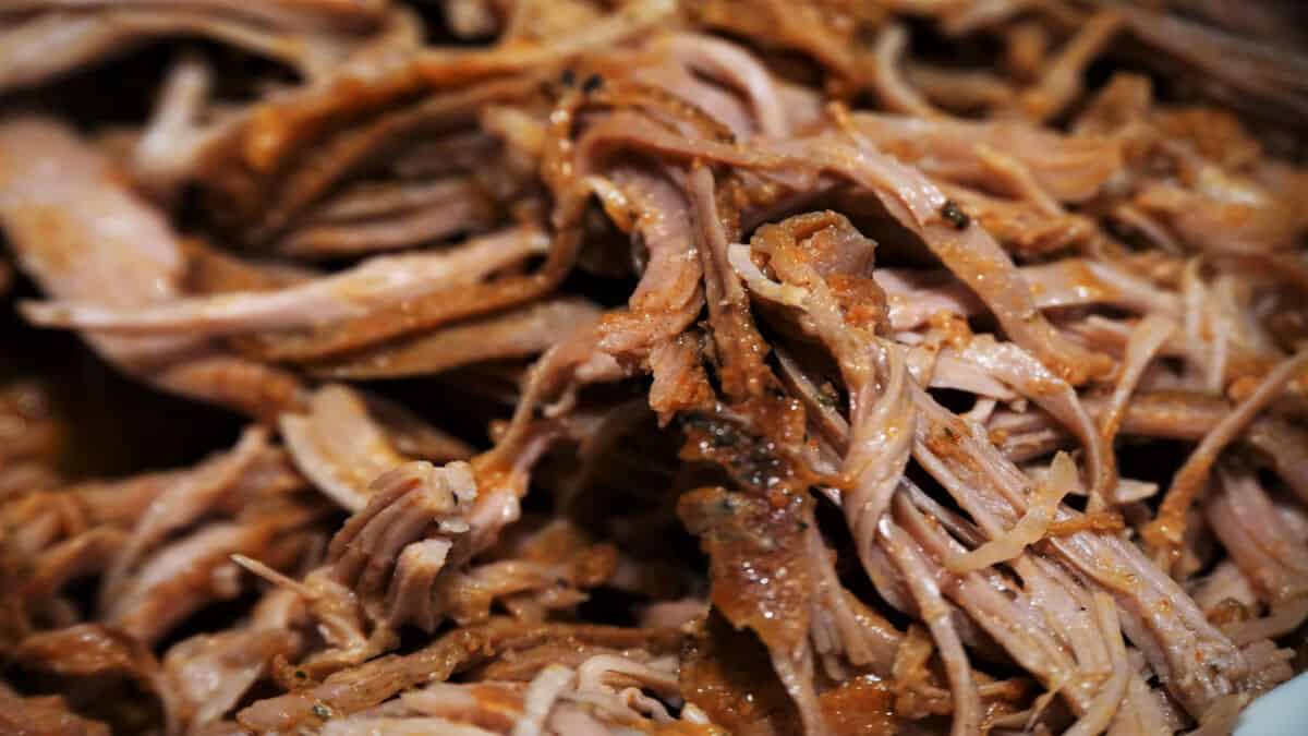 Close up of shredded or pulled pork