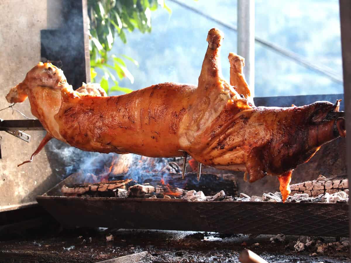 A whole hog on a spit, with wood fire and smoke