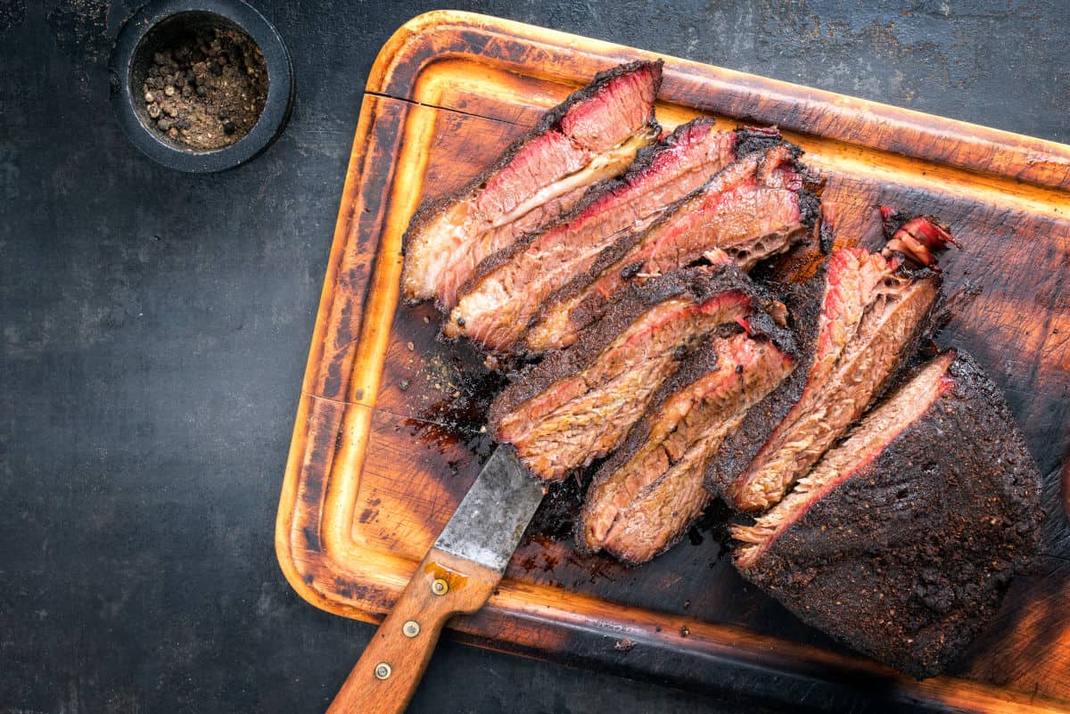 sliced brisket on a cutting board