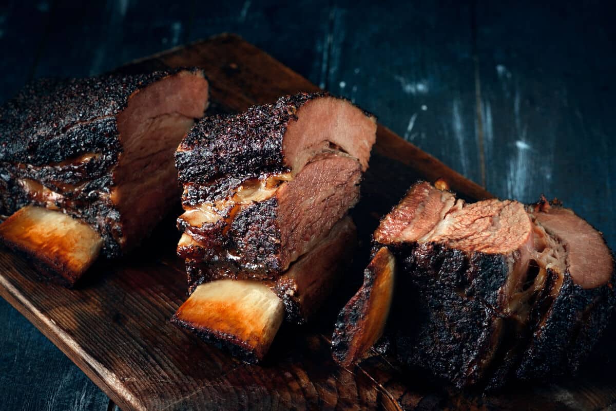 Close up of some big, meaty, bbq beef ribs, sliced