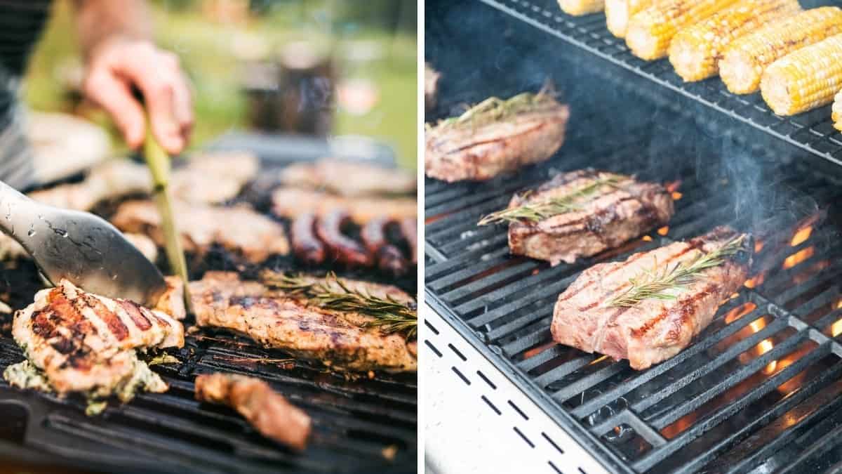 Two photos side by side, one of an electric grill in use, and a gas grill in use