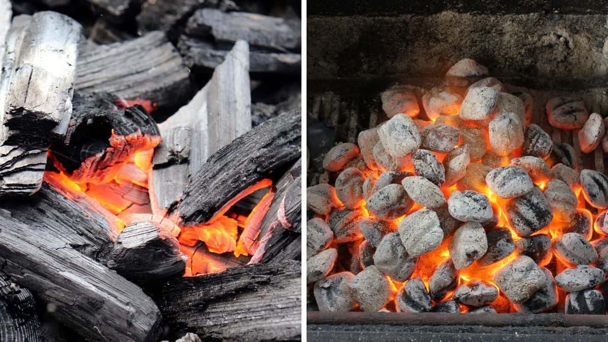 A photo each of lit lumpwood charcoal and briquettes side by side