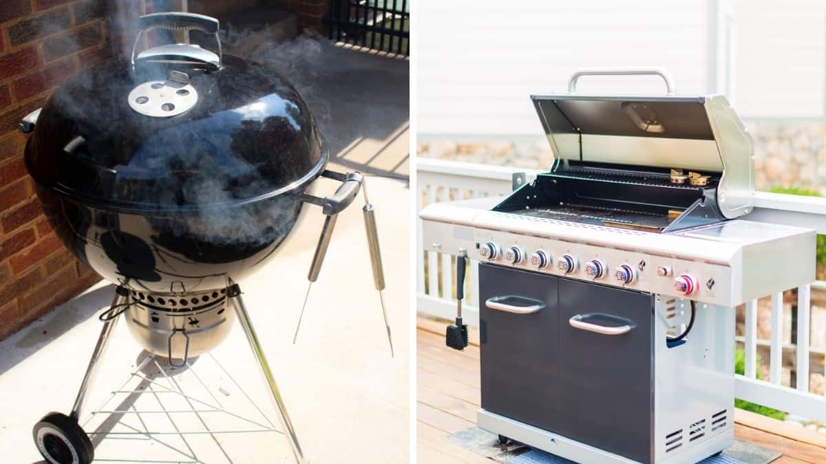 A charcoal and gas grill, in two separate photos, side by side