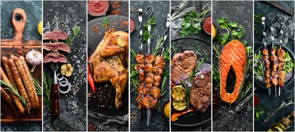 A collage of different grilled meats, veg and seafood