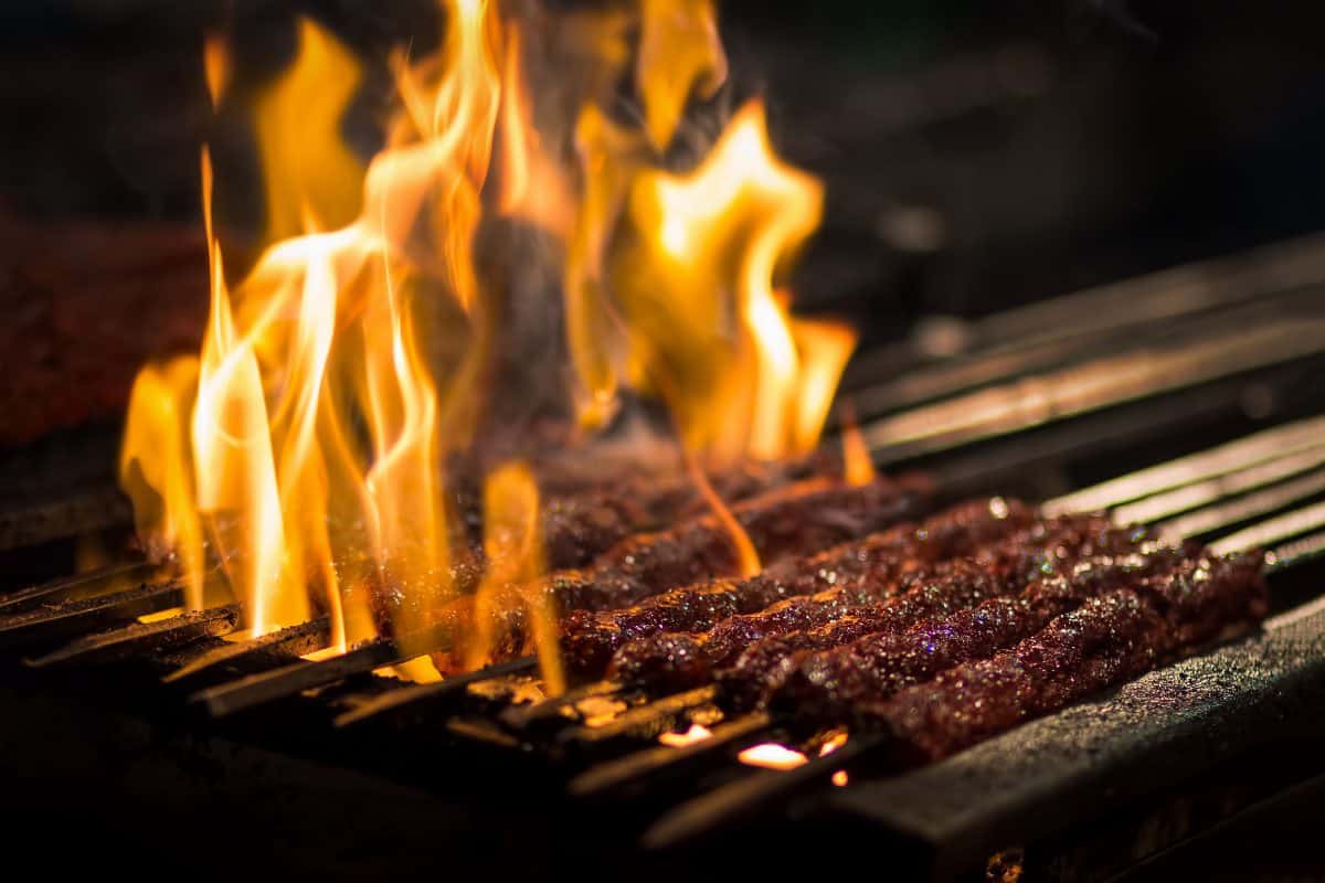 Kebabs on a flaming hot grill, looking like they might be getting burned