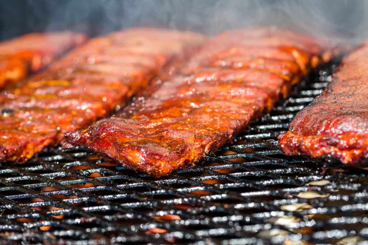 Pork ribs on a hot fiery grill