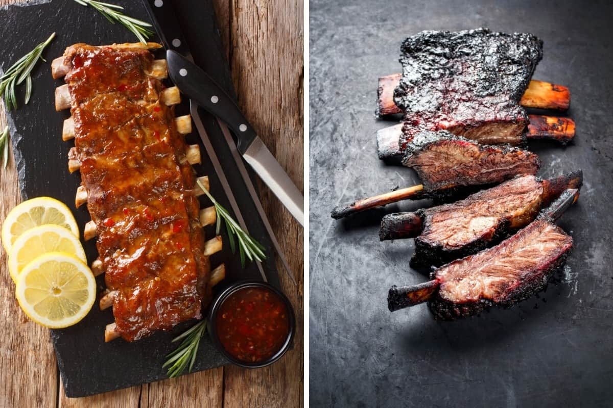 Two photos, one each of barbecued pork and beef ribs side by side