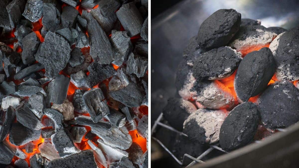 Lump charcoal and briquettes, side by side, lit and glowing red