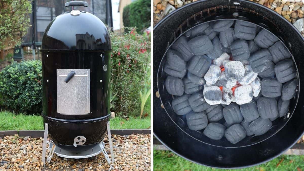 A weber smoky mountain with charcoal filled burning with the minion method