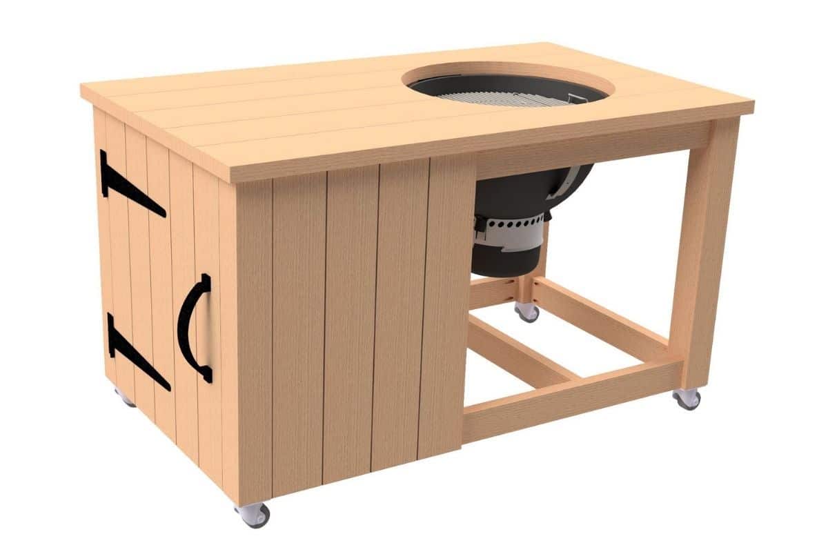 Image of Weber grill mounted in DIY wooden grill cart